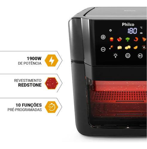 Philco PAF15C Fritadeira Air Fryer Oven 15 Litros Revestimento Redstone Porta Removível Luz Interna 10 Funções 220v Preta