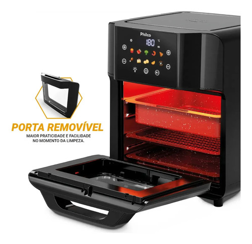 Philco PAF15C Fritadeira Air Fryer Oven 15 Litros Revestimento Redstone Porta Removível Luz Interna 10 Funções 220v Preta