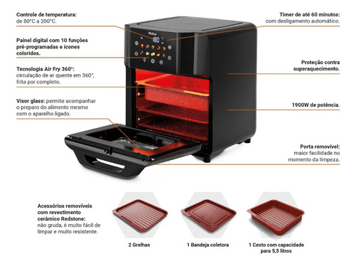 Philco PAF15C Fritadeira Air Fryer Oven 15 Litros Revestimento Redstone Porta Removível Luz Interna 10 Funções 220v Preta