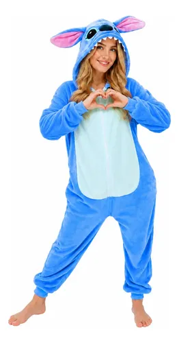 Pijama macacao kigurumi stitch feminino adulto plush ziper