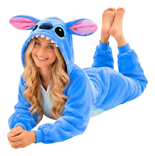 Pijama Macacão Kigurumi Stitch Feminino Adulto Plush Zíper