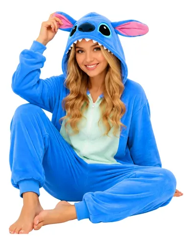 Pijama Macacão Kigurumi Stitch Feminino Adulto Plush Zíper