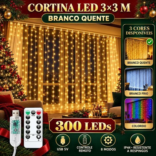 Pisca cortina 300 leds 3x3m usb ip44 8 modos iluminacao luze 1