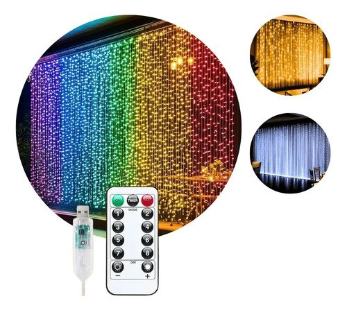 Pisca cortina 300 leds 3x3m usb ip44 8 modos iluminacao luze