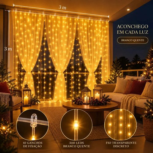 Pisca Cortina 300 Leds 3x3m Usb Ip44 8 Modos Iluminação Luzes Fada Decoração De Natal Festa Branco Quente Luvinco