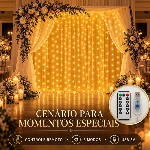 Pisca Cortina 300 Leds 3x3m Usb Ip44 8 Modos Iluminação Luzes Fada Decoração De Natal Festa Branco Quente Luvinco