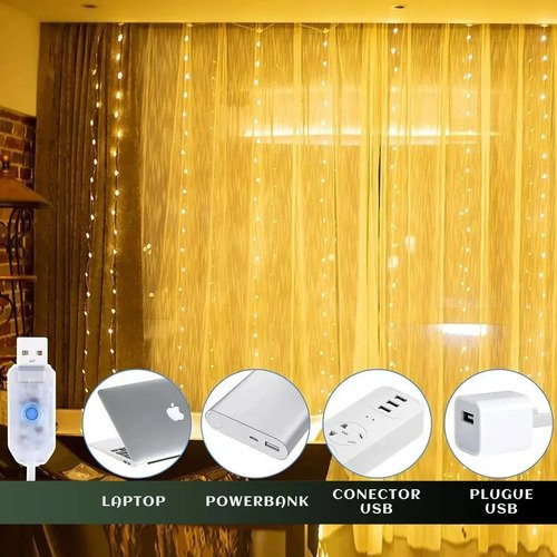 Pisca Cortina 300 Leds 3x3m Usb Ip44 8 Modos Iluminação Luzes Fada Decoração De Natal Festa Branco Quente Luvinco