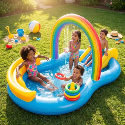 Piscina infantil inflavel com escorregador e arco iris azul