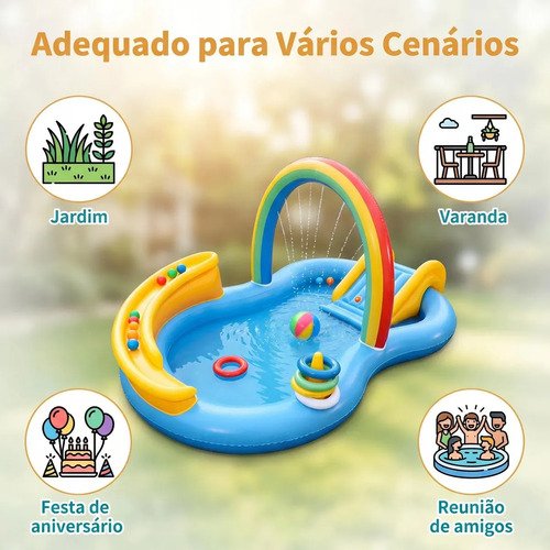 Piscina Infantil Inflável Com Escorregador E Arco-íris Azul-celeste