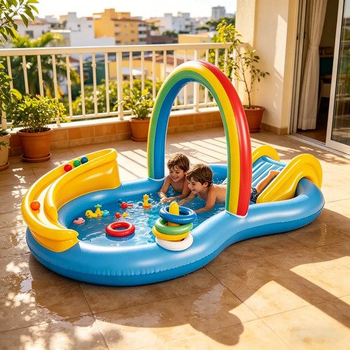 Piscina Infantil Inflável Com Escorregador E Arco-íris Azul-celeste