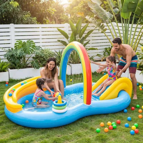Piscina Infantil Inflável Com Escorregador E Arco-íris Azul-celeste