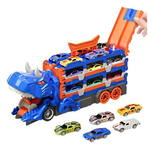 Pista Carrinho Dinossauro Caminhão Lançador 6 Carrinhos Cor Azul