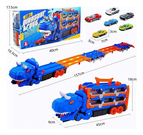 Pista Carrinho Dinossauro Caminhão Lançador 6 Carrinhos Cor Azul