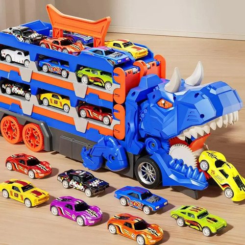 Pista Carrinho Dinossauro Caminhão Lançador 6 Carrinhos Cor Azul