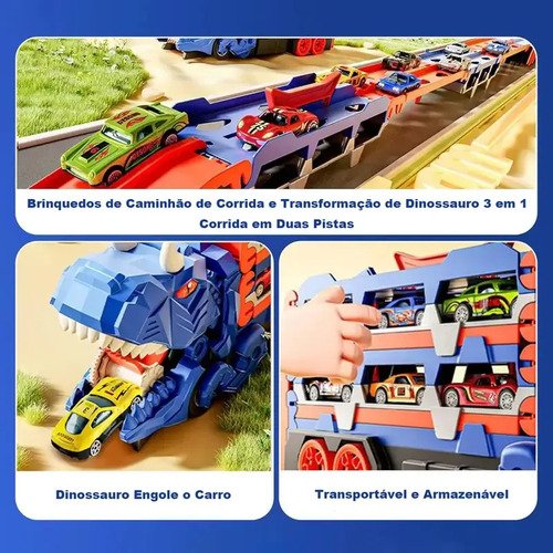 Pista Carrinho Dinossauro Caminhão Lançador 6 Carrinhos Cor Azul