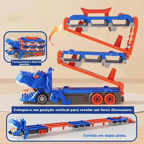 Pista Carrinho Dinossauro Caminhão Lançador 6 Carrinhos Cor Azul