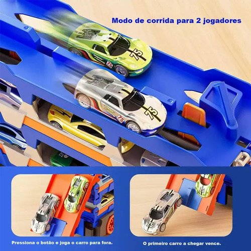 Pista Carrinho Dinossauro Caminhão Lançador 6 Carrinhos Cor Azul