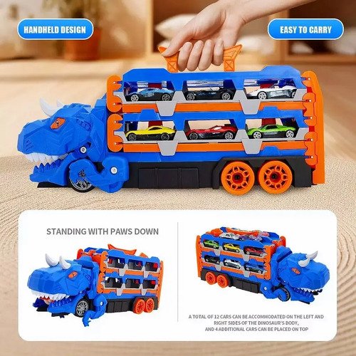 Pista Carrinho Dinossauro Caminhão Lançador 6 Carrinhos Cor Azul