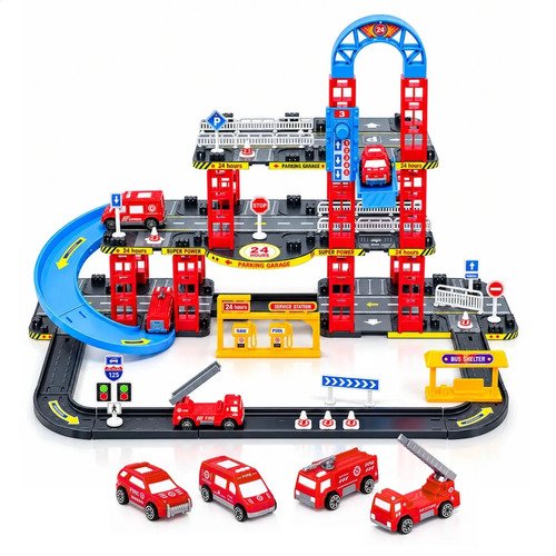 Pista de carrinhos bombeiros brinquedo infantil corrida verm