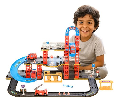 Pista De Carrinhos Bombeiros Brinquedo Infantil Corrida Vermelho