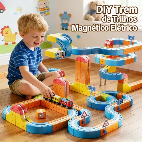 Pista trem magnetico eletrico infantil blocos track kit80