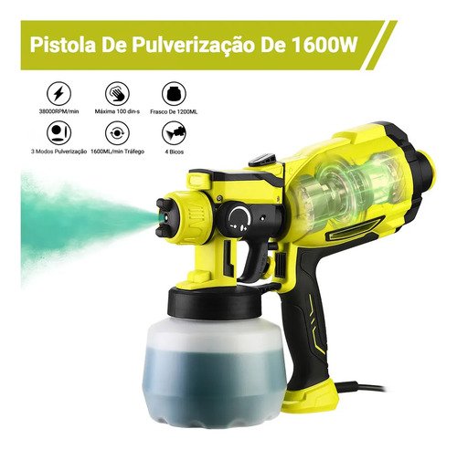 Pistola De Pintura 1600w Real Profissional 1200ml Elétrica Pulverizador 3 Regulacoes De Spray Com 4 Bicos Cobre E Acessórios 127v Desoon