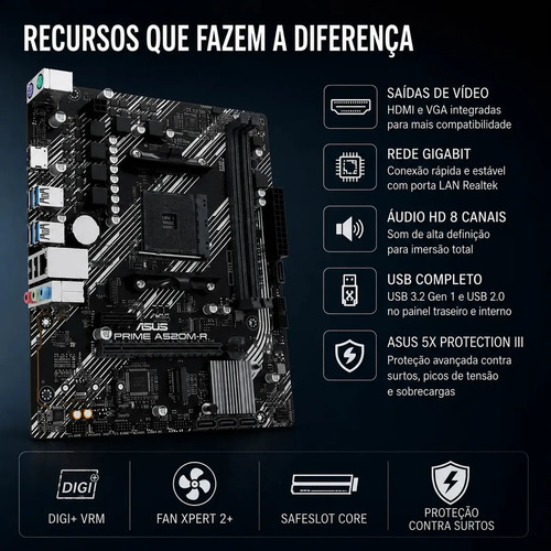 Placa Mãe Asus Prime A520m-r Am4 Ddr4 M.2 Chipset A520 Hdmi Preto