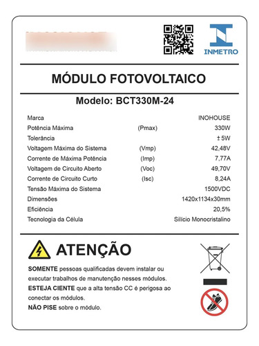 Placa Solar 330w Monocristalino Half-cell Inmetro Inohouse