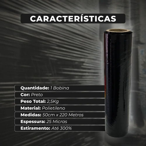 Plastico Filme Stretch 50x220m 2,5kg Preto Embalagem Acesso® Bobina 25 Micras Pallet Film Strech