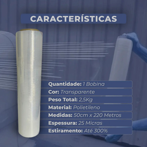 Plastico Filme Stretch 50x220m 2,5kg Transparente Acesso® Embalagem 25 Micras Bobina Film Strech Pallet
