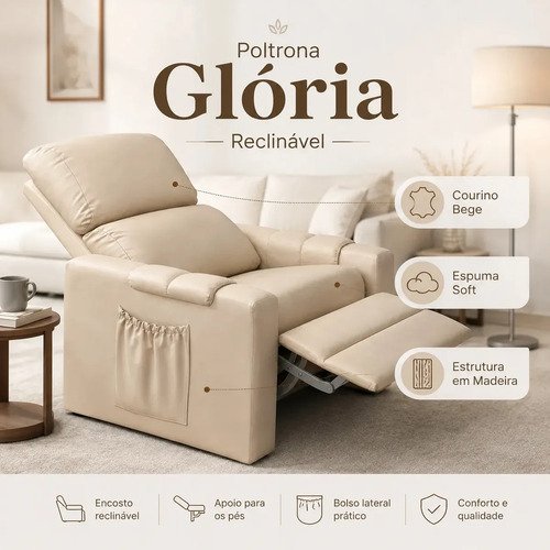 Poltrona Reclinável para Sala com Encosto Retrátil de Couro Sintético Bege