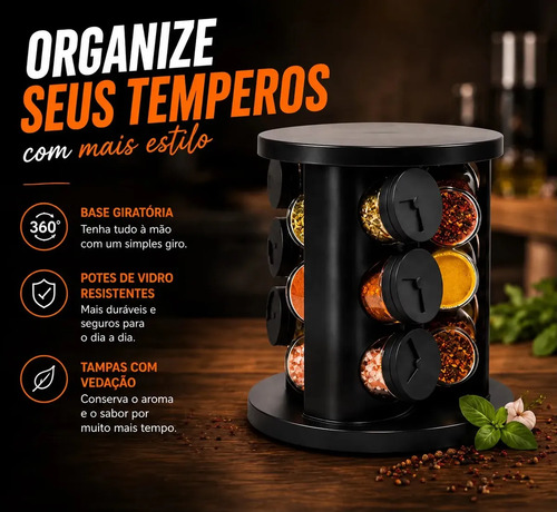 Porta Temperos Condimentos 9 Unidades Potes Vidro Base Giratória Preto Organizador Cozinha Dosador Hold On