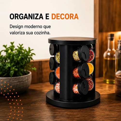 Porta Temperos Condimentos 9 Unidades Potes Vidro Base Giratória Preto Organizador Cozinha Dosador Hold On