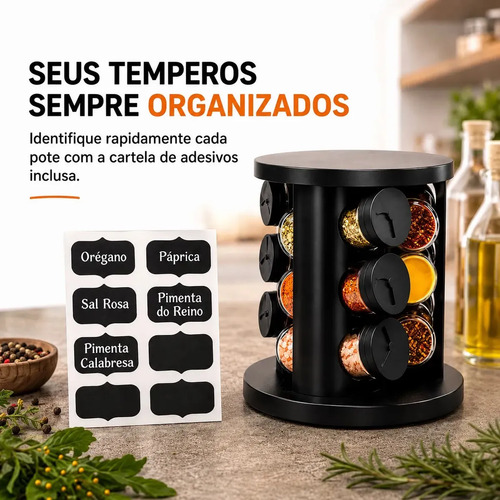 Porta Temperos Condimentos 9 Unidades Potes Vidro Base Giratória Preto Organizador Cozinha Dosador Hold On