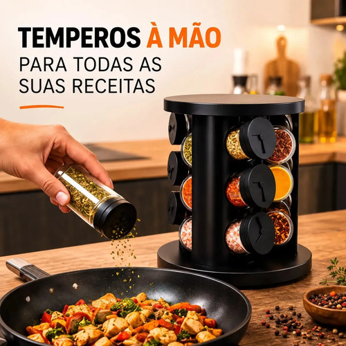 Porta Temperos Condimentos 9 Unidades Potes Vidro Base Giratória Preto Organizador Cozinha Dosador Hold On