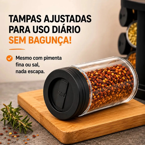 Porta Temperos Condimentos 9 Unidades Potes Vidro Base Giratória Preto Organizador Cozinha Dosador Hold On