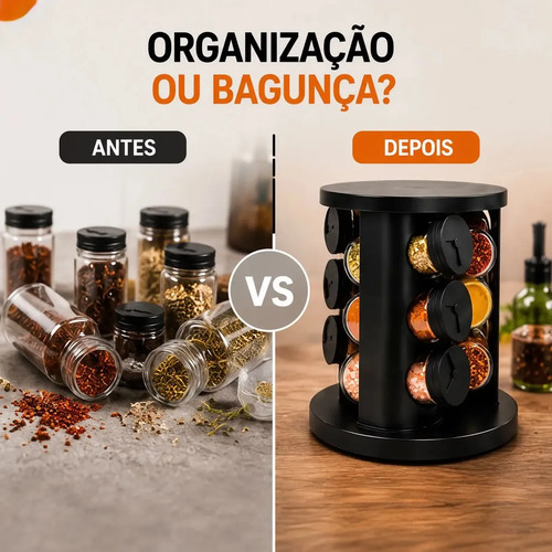 Porta Temperos Condimentos 9 Unidades Potes Vidro Base Giratória Preto Organizador Cozinha Dosador Hold On