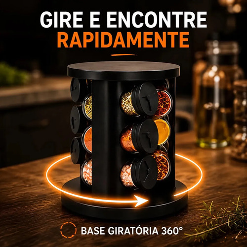 Porta Temperos Condimentos 9 Unidades Potes Vidro Base Giratória Preto Organizador Cozinha Dosador Hold On
