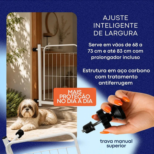 Portão Segurança Bebê Cachorro Sem Furo Ajustável 68 a 83cm Branco Extensor Incluso Proteção Escada e Porta