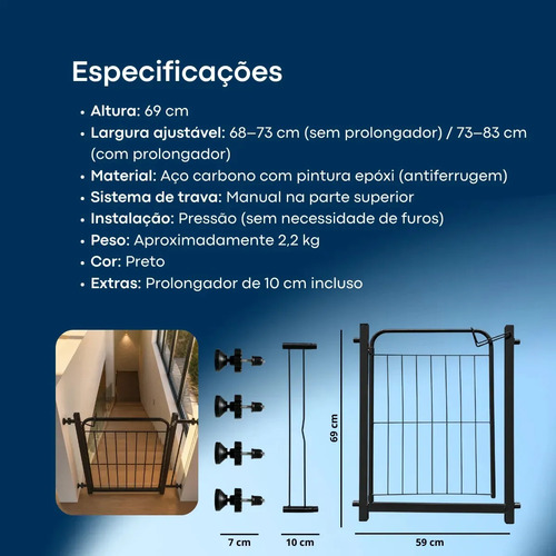 Portão Segurança Preto Pet Cachorro Crianca Ajustavel de 68 A 83cm Sem Furo Grade aramado 69cm de altura Açomix