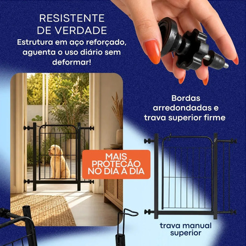 Portão Segurança Preto Pet Cachorro Crianca Ajustavel de 68 A 83cm Sem Furo Grade aramado 69cm de altura Açomix