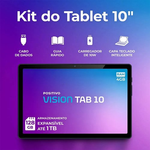 Positivo Vision TAB10 T3010 4GB RAM 128GB SSD com Capa Teclado Octa-Core 5 13MP Bateria 6000mAh Tela 10.1“ HD Wifi AC e 4G Full Lamination - Preto