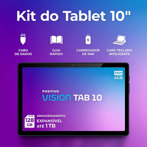 Positivo Vision TAB10 T3010 4GB RAM 128GB SSD com Capa Teclado Octa-Core 5 13MP Bateria 6000mAh Tela 10.1“ HD Wifi AC e 4G Full Lamination - Preto