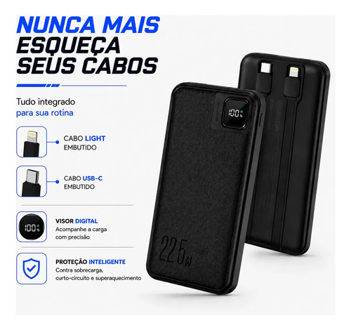 Power Bank 10.000mah 22.5w Compatível Com iPhone Samsung Galaxy Motorola Moto G Xiaomi Redmi Carregador Portátil Com Visor Led