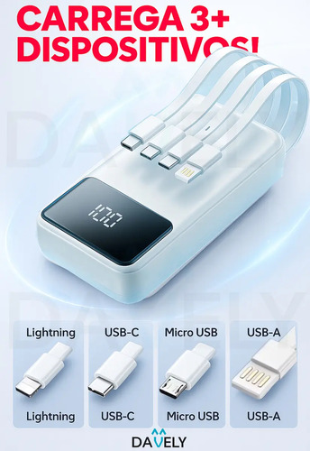 Power Bank 20.000mAh 22.5W Carga Rápida Com Display Digital Carregador Portátil Carga Rápida Premium Compatível Com Todos Os Celulares Iphone Android IOS apple xiaomi LG Samsung Motorola -Marca Davely