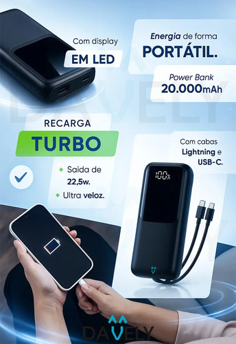 Power Bank 20.000mAh 22.5W Carga Rápida Com Display Digital Carregador Portátil Carga Rápida Premium Compatível Com Todos Os Celulares Iphone Android IOS apple xiaomi LG Samsung Motorola -Marca Davely