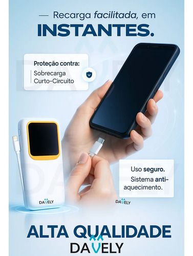 Power Bank 20.000mAh 22.5W Carga Rápida Com Display Digital Carregador Portátil Carga Rápida Premium Compatível Com Todos Os Celulares Iphone Android IOS apple xiaomi LG Samsung Motorola -Marca Davely