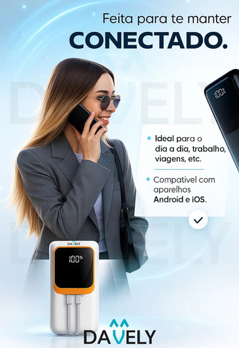 Power Bank 20.000mAh 22.5W Carga Rápida Com Display Digital Carregador Portátil Carga Rápida Premium Compatível Com Todos Os Celulares Iphone Android IOS apple xiaomi LG Samsung Motorola -Marca Davely