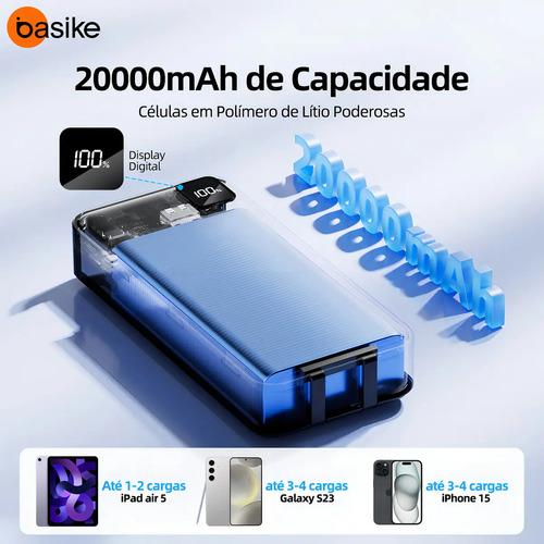 Power Bank Basike 20000mAh Preto, Carga Rápida 22.5W para iPhone e Samsung, Com Cabos Embutidos e Display