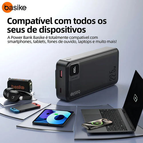 Power Bank Basike 20000mAh Preto, Carga Rápida 22.5W para iPhone e Samsung, Com Cabos Embutidos e Display